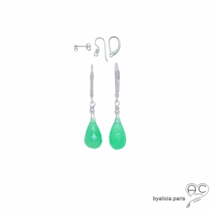 boucles d'oreilles argent et chrysoprase pierre naturelle verte fait main