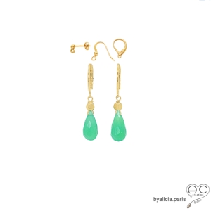 boucles d'oreilles plaqué or et pierre naturelle verte chrysoprase fait main