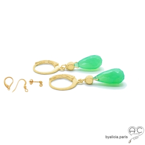 boucles d'oreilles créateur française en plaqué or et chrysoprase goutte