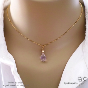 ras de cou violet femme pendentif améthyste goutte plaqué or fait main, en France