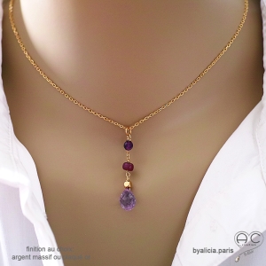 ras de cou pendentif long améthyste et rubis plaqué or fait main en France