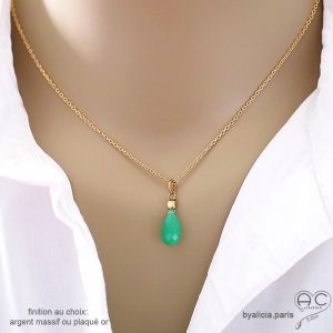 Collier pendentif chrysoprase goutte plaqué or pierre semi-précieuse verte fait main