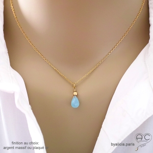 collier ras de cou bleu femme pendentif calcédoine bleu plaqué or artisanal fait en France
