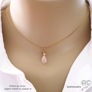 ras de cou rose femme pendentif quartz rose plaqué or artisanal fait en France