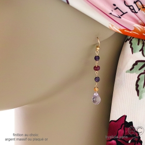 Boucles d'oreilles longues avec améthyste goutte et rubis, plaqué or, fait main, création by Alicia
