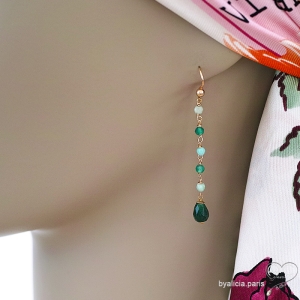 Boucles d'oreilles longues en agate verte et plaqué or, fait main, création by Alicia