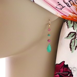 Boucles d'oreilles chrysoprase et tourmaline rose, plaqué or, fait main, création by Alicia