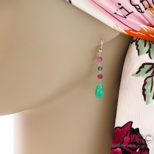 Boucles d'oreilles chrysoprase et tourmaline rose, cascade de pierres fines, argent massif, pendantes, création by Alicia