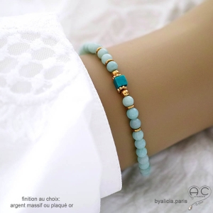 Bracelet amazonite et turquoise, pierre semi-précieuse, plaqué or 3MIC, femme, gipsy, bohème, création by Alicia