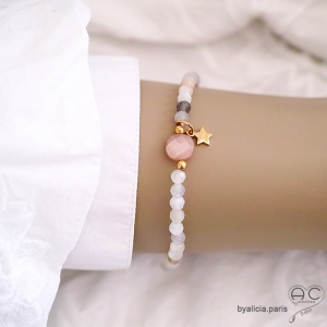 Bracelet fin pierre de lune multicolore, pampille étoile en plaqué or, pierre semi-précieuse, fait main