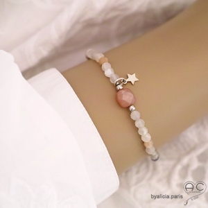 Bracelet fin pierre de lune multicolore, pampille étoile en argent massif, pierre semi-précieuse, fait main