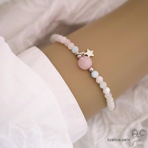 Bracelet béryl et quartz rose, pampille étoile en argent massif, pierre naturelle, fait main