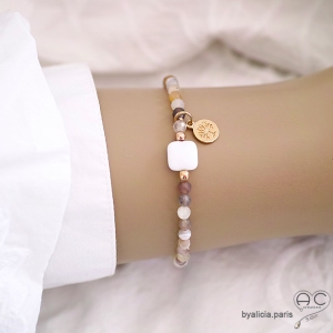 Bracelet agate botswana et agate blanche, pierre naturelle, pampille arbre de vie, plaqué or