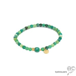 Bracelet agate verte, pierre naturelle, pampille médaille en plaqué or, élastique, création by Alicia