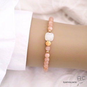 Bracelet pierre de soleil et pierre de lune, pierres semi-précieuses, plaqué or, femme, gipsy, bohème, création by Alicia
