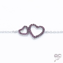 Bracelet avec deux cœurs serties de zirconium fushia en argent 925 rhodié, fin, femme