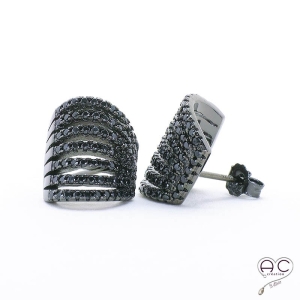Boucles d'oreilles anneaux multiples, petites demi créoles argent 925 rhodié noir zirconium noir