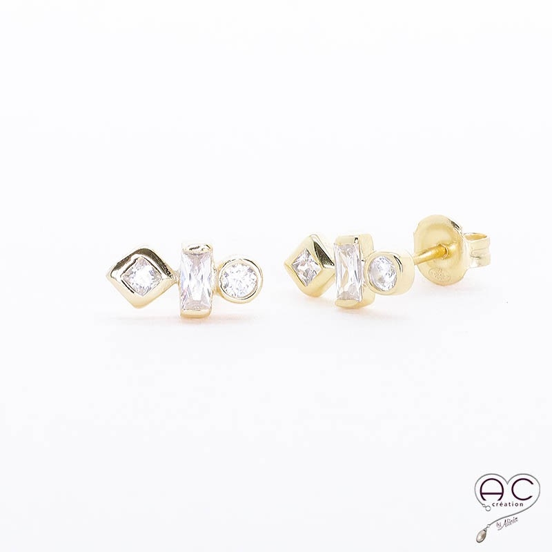 Boucles d'oreilles zirconium blanc et argent rhodié doré puces