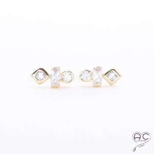 Boucles d'oreilles zirconium blanc et argent rhodié doré puces