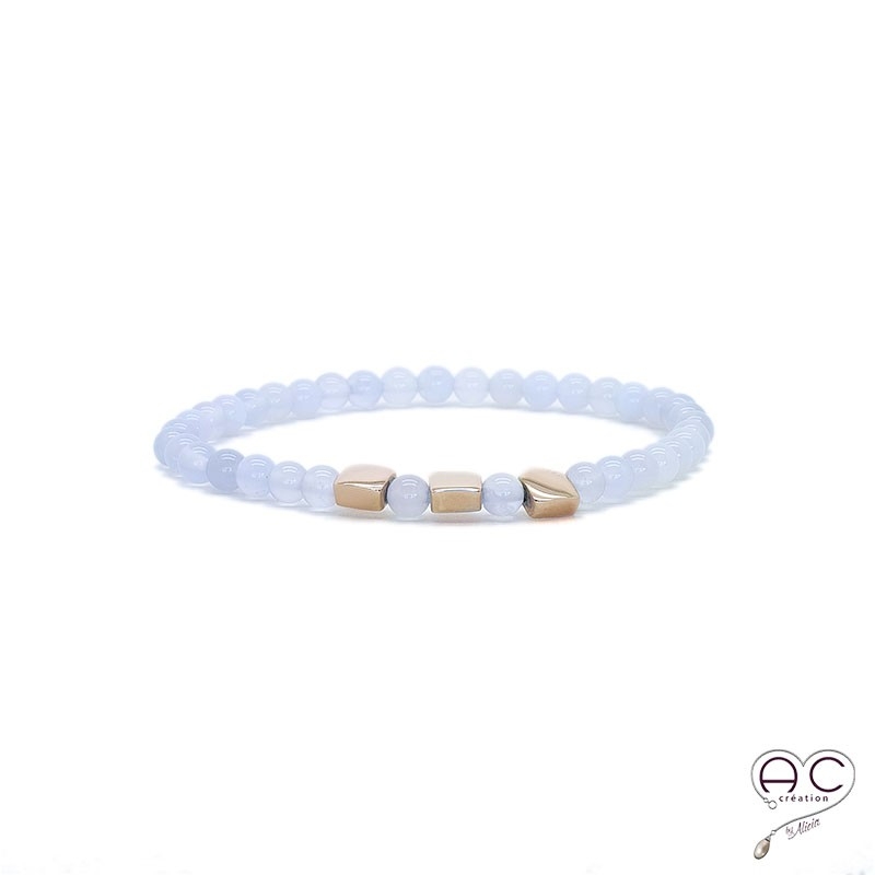 Bracelet pierres semi-précieuses bleues claires, calcédoine, plaqué or