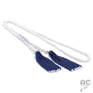 Sautoir cravate perles de culture d'eau douce blanche, pompons lapis lazuli, argent 925 rhodié serti zirconium blanc