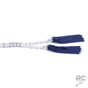 Sautoir cravate perles de culture d'eau douce blanche, pompons lapis lazuli, argent 925 rhodié serti zirconium blanc