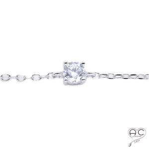 Bracelet avec solitaire en zirconium brillant sur une chaîne, argent 925 rhodié, fin, femme
