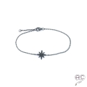 Bracelet avec étoile sertie de zirconium noir en argent 925 rhodié noir, fin, femme