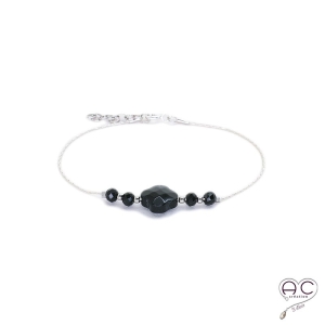 Bracelet onyx et spinelle, pierres naturelles noir sur une chaîne en argent 925  rhodié