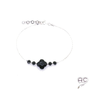 Bracelet onyx et spinelle, pierres naturelles noir sur une chaîne en argent 925  rhodié